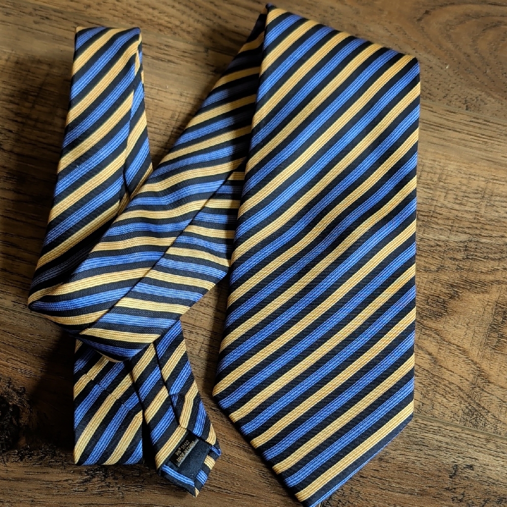 Firenze Pure Silk Tie, Blue, Gold, Black, Stripes